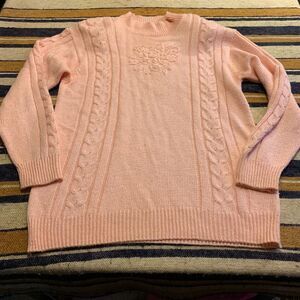 Vintage Knit Sweater Cottagecore Granny Pastel Pullover Pink Mock Neck Floral M